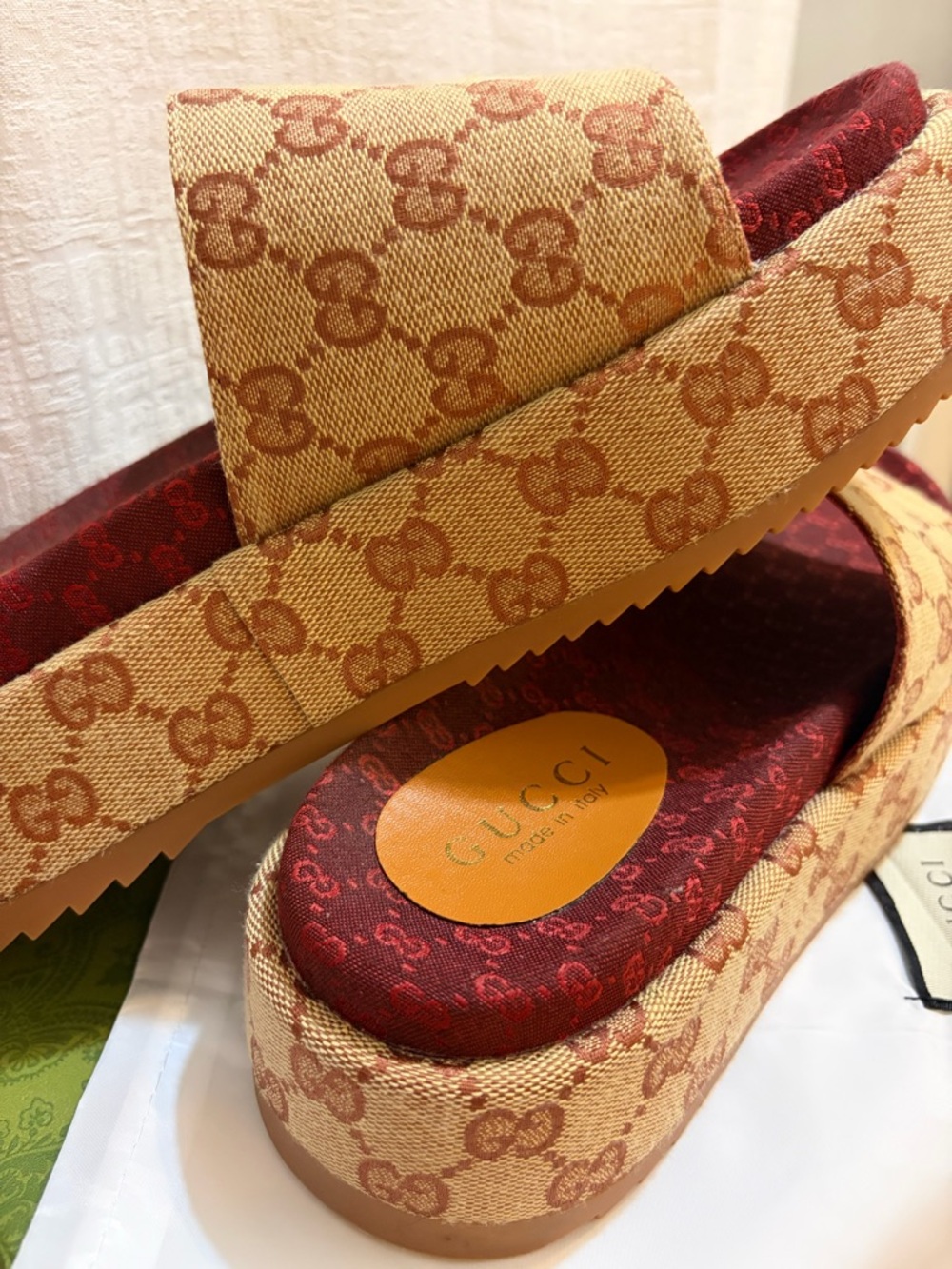 Gucci monogram Brown GG Canvas Platform Slide Sandals with Burgundy Insole - Picture 4 of 14